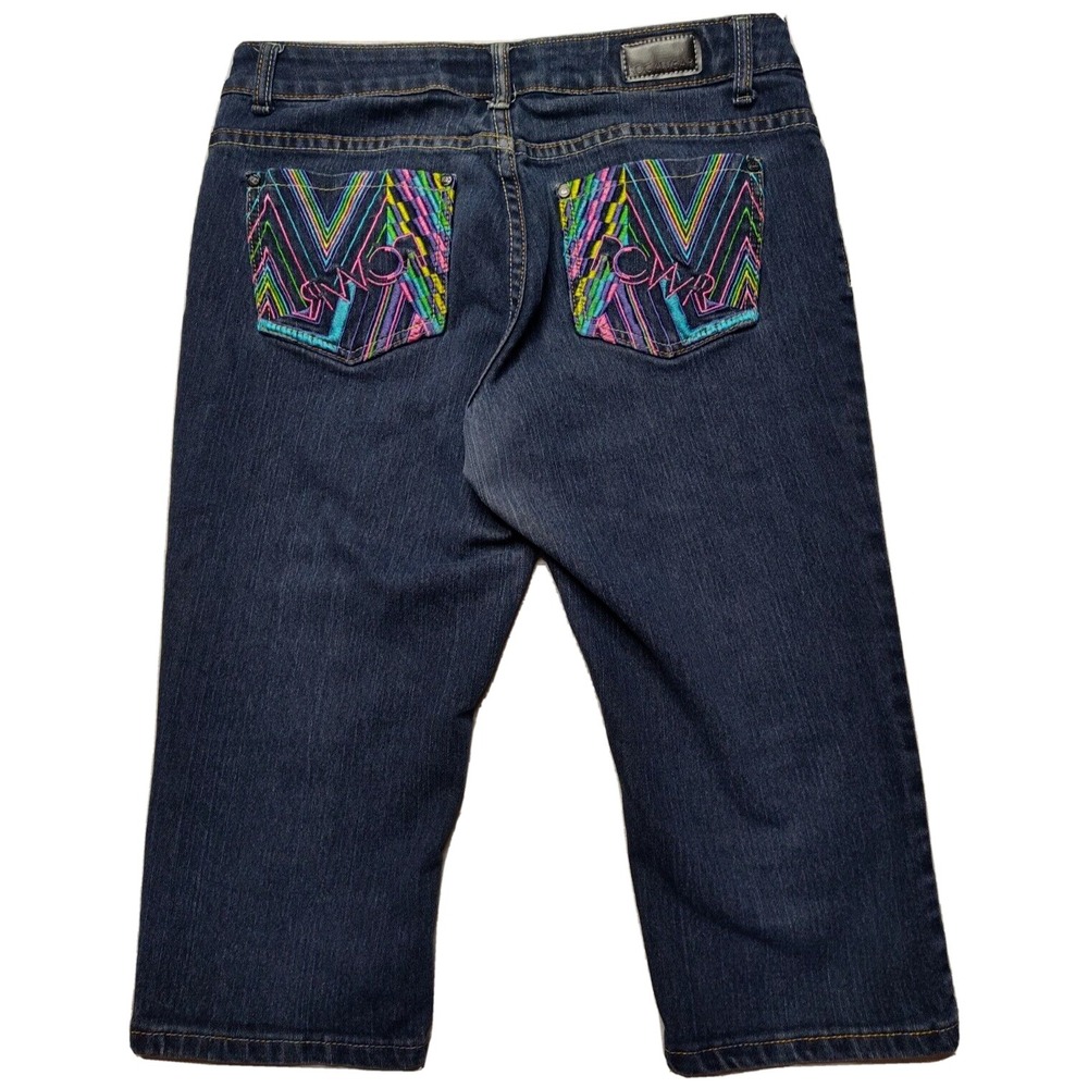 ROCAWEAR Juniors Size 9 Embroidered Colorful Pockets‎ 18" Denim Capri Jeans